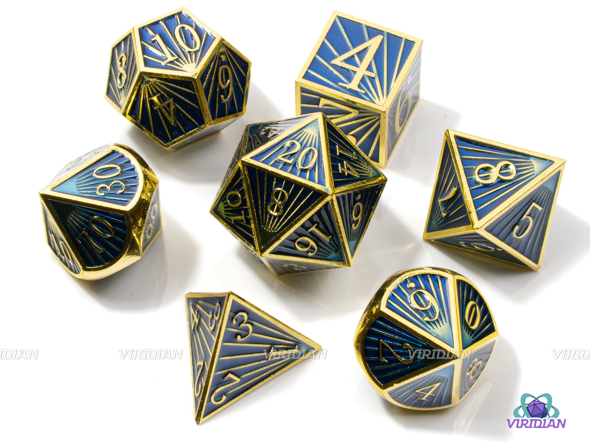Last Ray of Sunlight | Gold & Blue Ray Striped Style | Metal Dice Set (7)