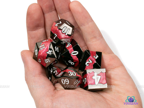 Strawberry Treat | Thicc Stripe, Shiny Black-Silver with Red Stripe | Metal Dice Set (7)