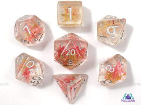 Yellow & Red Moss | Clear Resin Dice Set (7) | Dungeons and Dragons (DnD)