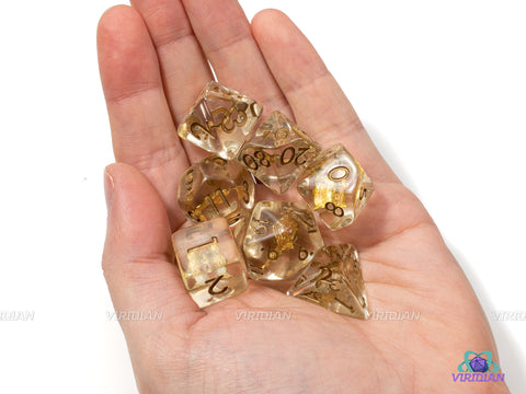 Golden Butterfly | Metal Charm Inside Clear Resin Dice Set (7) | Dungeons and Dragons (DnD)