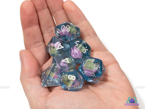 Magic Toadstool | Pink and White Mushrooms Inside Translucent Blue | Resin Polyhedral Dice Set (7)