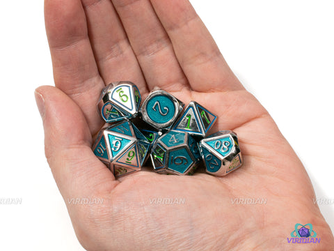 Teal & Lime | Odds and Evens Silver Metal Dice Set (7) | Dungeons and Dragons (DnD) | Tabletop RPG Gaming