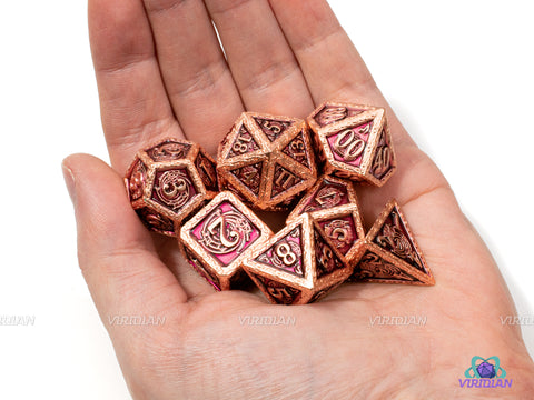 Tale of The Tongues | Red, Maroon Copper Bard's Music Note Design Oversized Metal Dice Set (7)