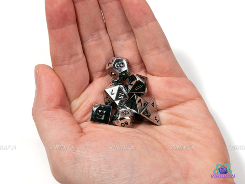 Mini Shiny Silver | Metal Dice Set (7) | DnD Dungeons and Dragons | RPG Tabletop Gaming