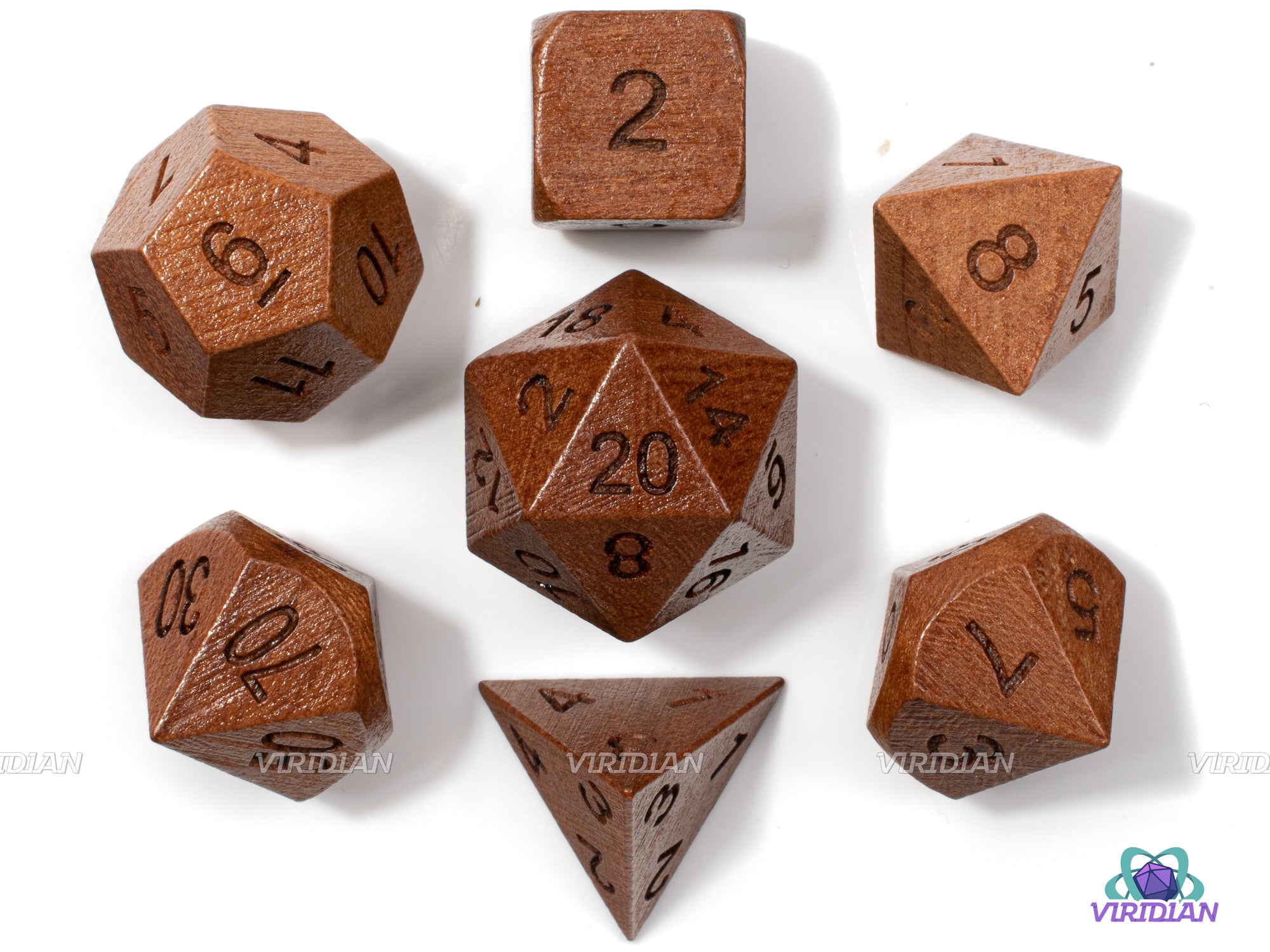 Red Sandalwood | Natural Red-Brown, Engraved | Wood Dice Set (7) | Dungeons and Dragons (DnD)