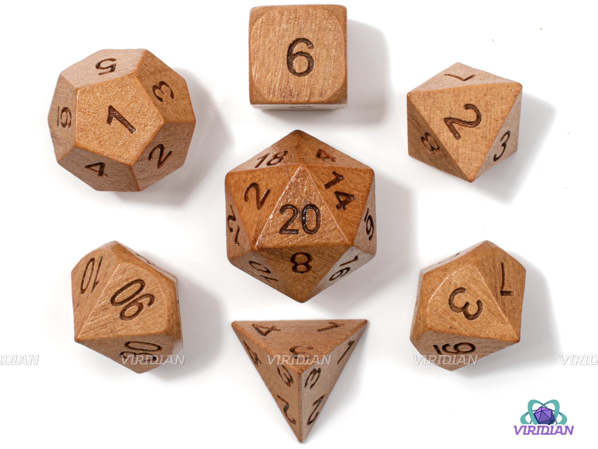 Cherry (Small Size) | Natural Light Brown, Engraved | Wood Dice Set (7)