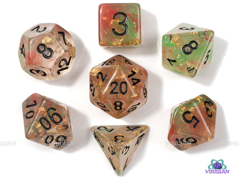 Triumph | Green and Red Swirled, Gold Foil Resin Dice Set (7) | Dungeons and Dragons (DnD)