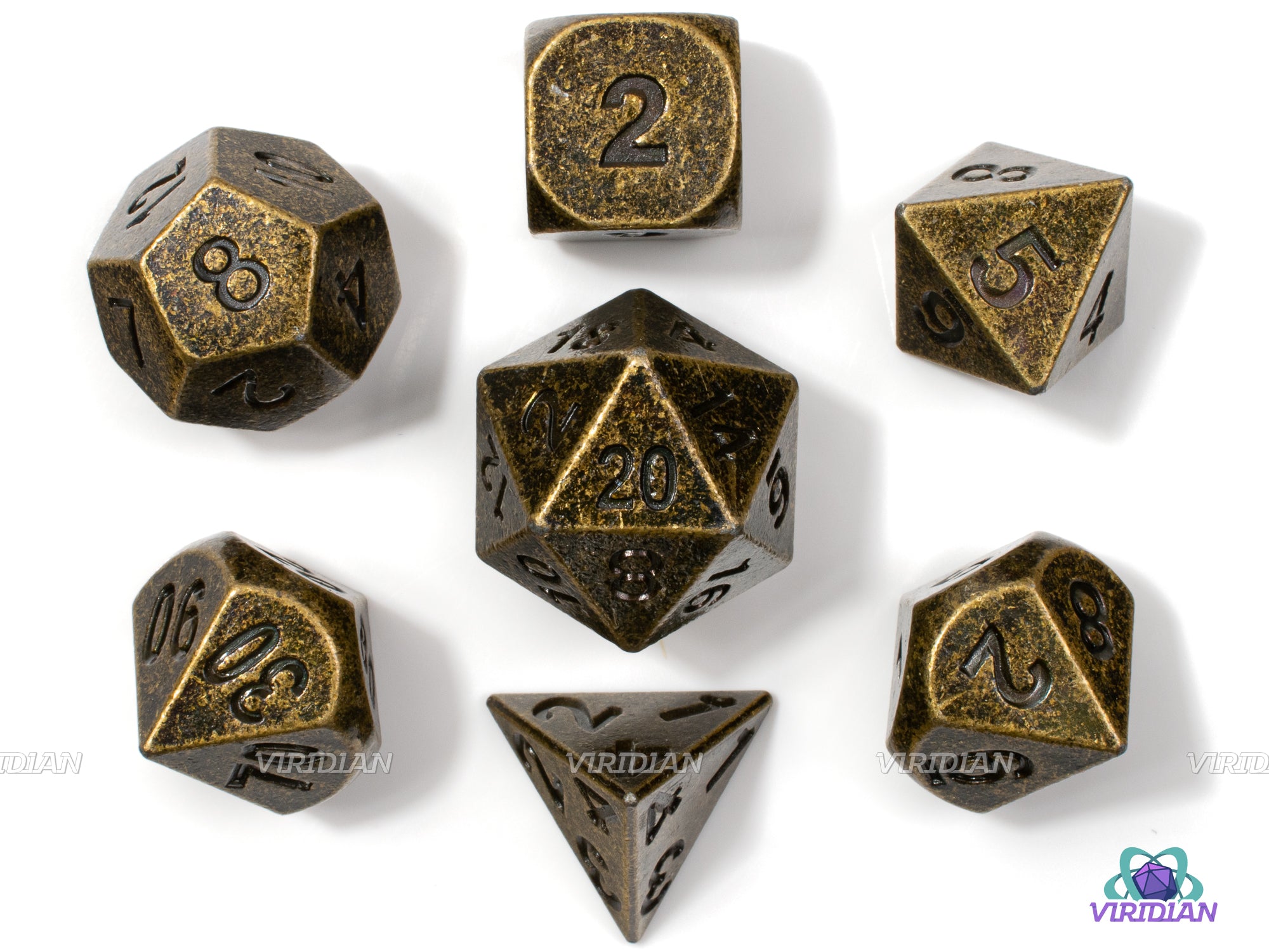 Sunken Treasure | Distressed Brass Metal Dice Set (7) | Dungeons and Dragons (DnD) | Tabletop RPG Gaming