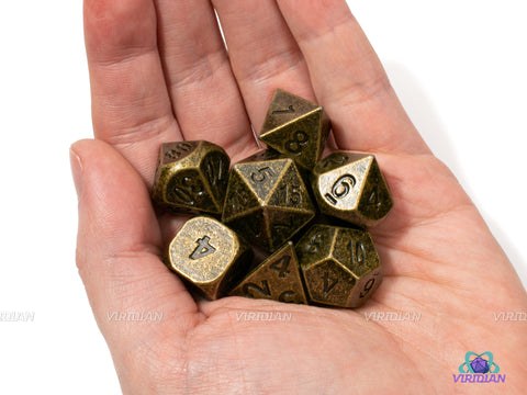 Sunken Treasure | Distressed Brass Metal Dice Set (7) | Dungeons and Dragons (DnD) | Tabletop RPG Gaming