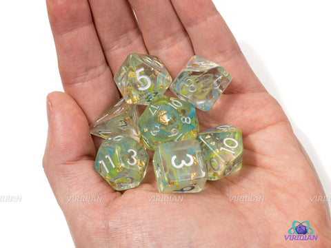 River of Gold | Blue, Green, Gold Leaf Glittery Resin Dice Set (7) | Dungeons and Dragons (DnD)