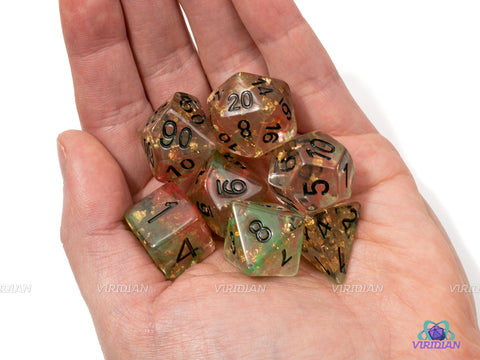 Triumph | Green and Red Swirled, Gold Foil Resin Dice Set (7) | Dungeons and Dragons (DnD)