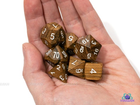 Zebra Wood | Light Natural Striped Brown & Tan, Painted Numbers | Wood Dice Set (7) | Dungeons and Dragons (DnD)