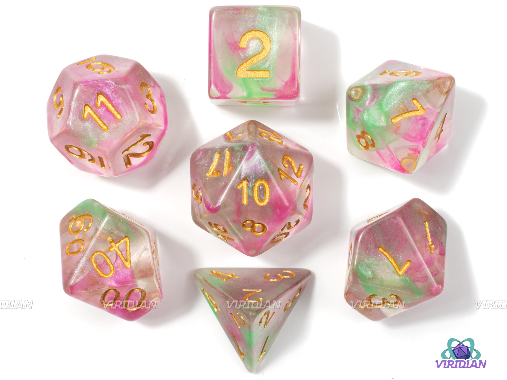 Pixie Magic | Pearled Green & Pink Transparent Acrylic Dice Set (7) | Dungeons and Dragons (DnD)