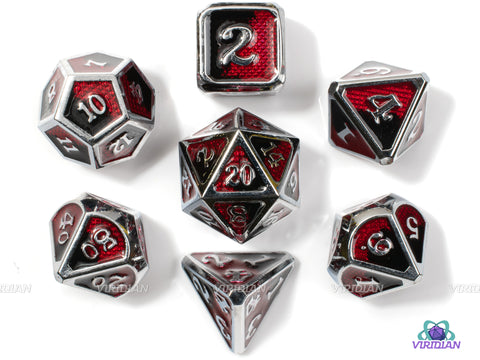 The Blackjack | Silver with Red & Black Enamel Metal Dice Set (7) | Dungeons and Dragons (DnD) | Tabletop RPG Gaming
