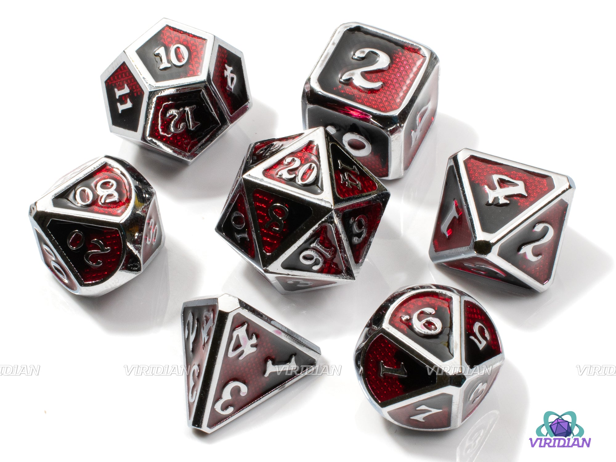 The Blackjack | Silver with Red & Black Enamel Metal Dice Set (7) | Dungeons and Dragons (DnD) | Tabletop RPG Gaming
