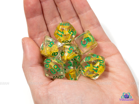 Belgian Wheat | Clear, Green Ink, Wheat Inside Resin Dice Set (7) | Dungeons and Dragons (DnD)