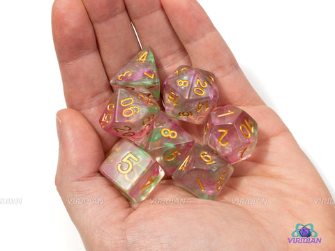 Pixie Magic | Pearled Green & Pink Transparent Acrylic Dice Set (7) | Dungeons and Dragons (DnD)