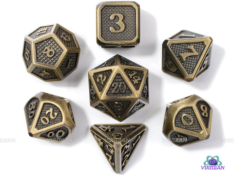 Grapeshot | Stylized Gold & Bronze Metal Dice Set (7) | Dungeons and Dragons (DnD) | Tabletop RPG Gaming