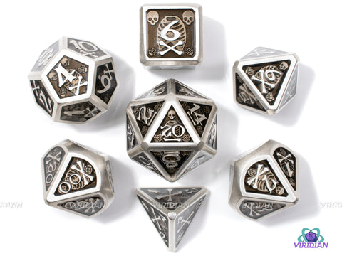 Jolly Roger | Black and Silver Skeleton Bone Pirate Large Metal Dice Set (7) | Dungeons and Dragons (DnD) | Tabletop RPG Gaming