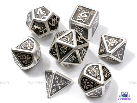 Jolly Roger | Black and Silver Skeleton Bone Pirate Large Metal Dice Set (7) | Dungeons and Dragons (DnD) | Tabletop RPG Gaming