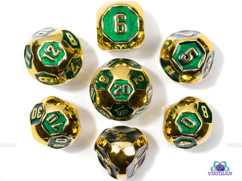 Sherwood Forest | Green & Gold Rounded Roly Poly Metal Dice Set (7) | Dungeons and Dragons (DnD) | Tabletop RPG Gaming