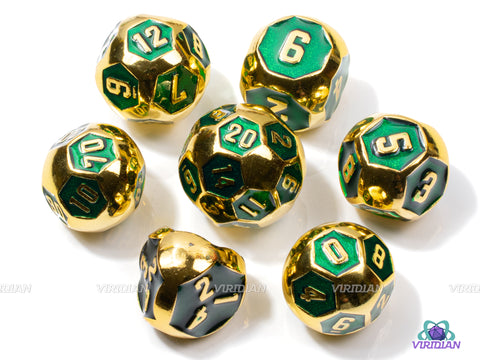 Sherwood Forest | Green & Gold Rounded Roly Poly Metal Dice Set (7) | Dungeons and Dragons (DnD) | Tabletop RPG Gaming