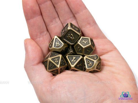 Grapeshot | Stylized Gold & Bronze Metal Dice Set (7) | Dungeons and Dragons (DnD) | Tabletop RPG Gaming
