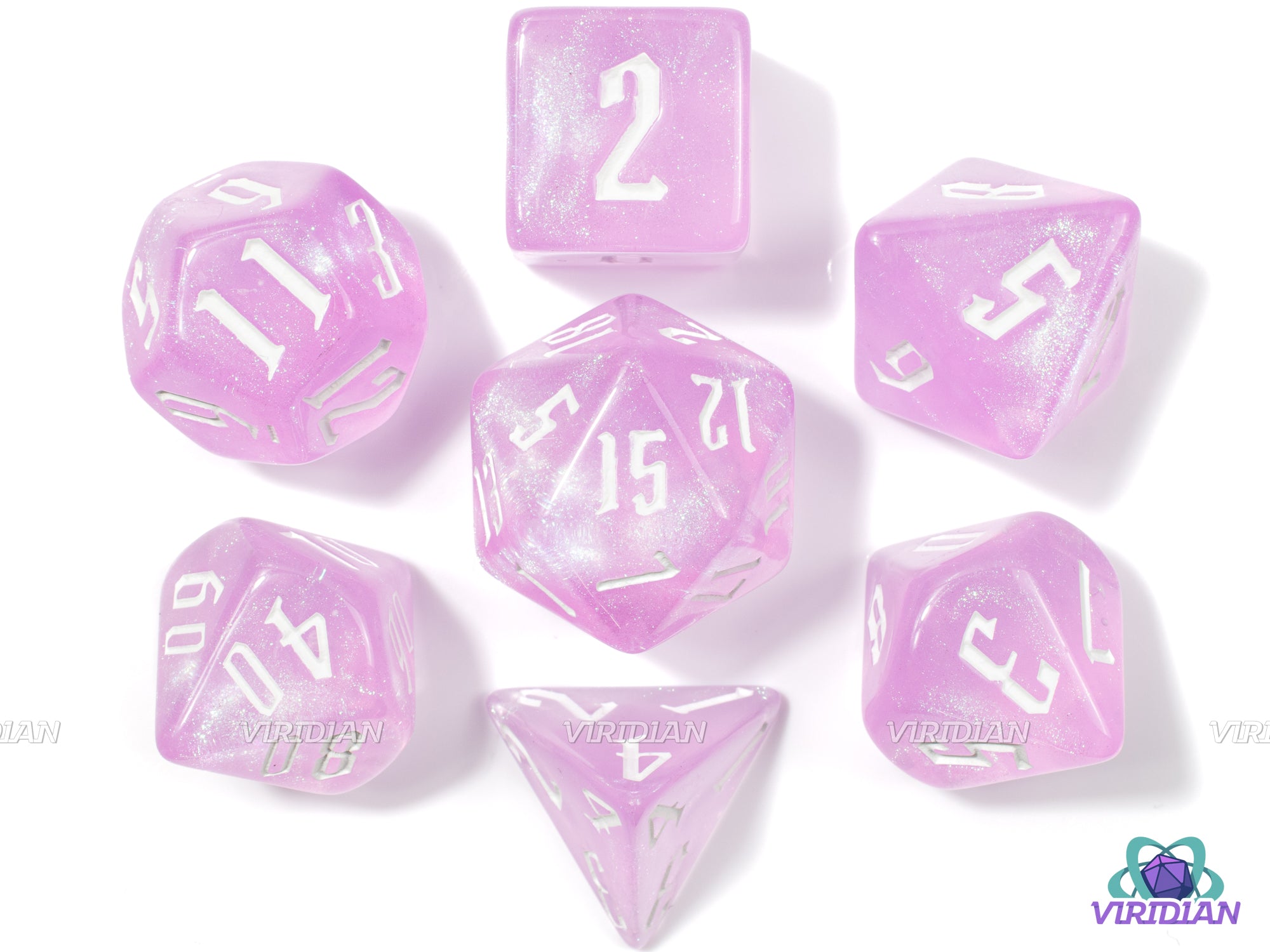 Pink Ranger | Translucent With Glitter Acrylic Dice Set (7) | Dungeons and Dragons (DnD)