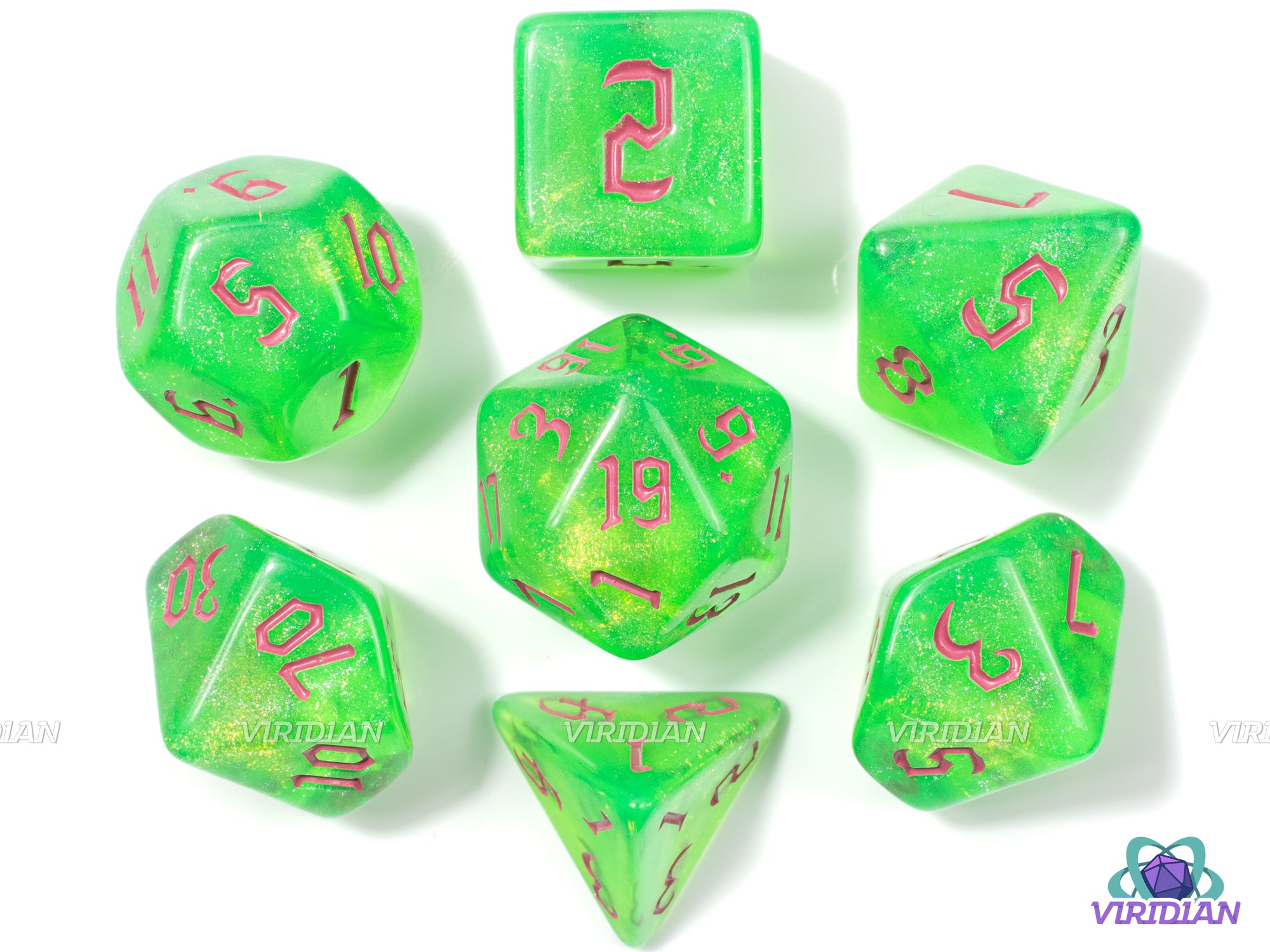 Radioactive | Green and Purple with Glitter Acrylic Dice Set (7) | Dungeons and Dragons (DnD)