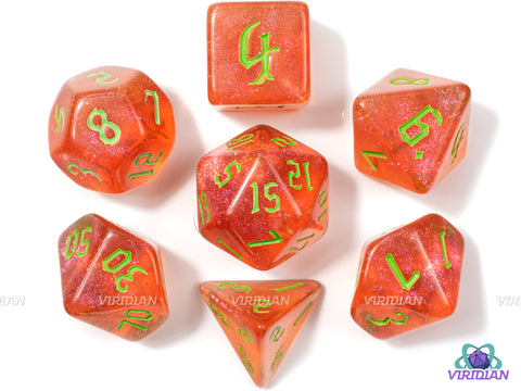 Juicy Melon | Translucent Orange With Glitter Acrylic Dice Set (7) | Dungeons and Dragons (DnD)