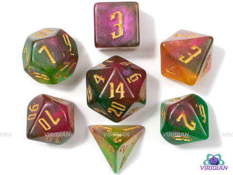 Rose Thorn | Pink, Green Glittery Acrylic Dice Set (7) | Dungeons and Dragons (DnD)