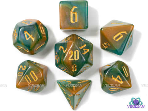 Wraeclast's Coast | Tan, Green-Teal Glittery Acrylic Dice Set (7) | Dungeons and Dragons (DnD)