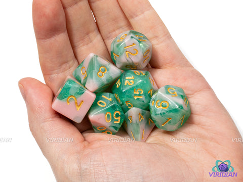 Balos Bay | Light Pink and Green Glittery Marbled Acrylic Dice Set (7) | Dungeons and Dragons (DnD)