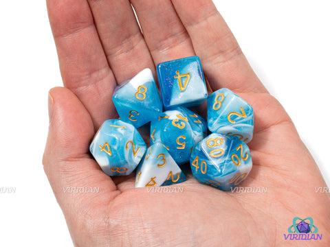 Surf's Up! | Blue and White Swirl with Glitter Acrylic Dice Set (7) | Dungeons and Dragons (DnD)