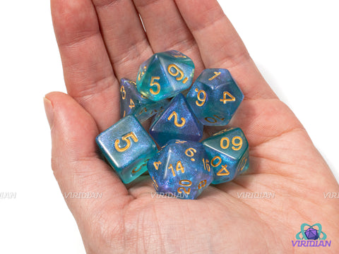 Cyan Aurora | Blue, Purple Glittery Acrylic Dice Set (7) | Dungeons and Dragons (DnD)