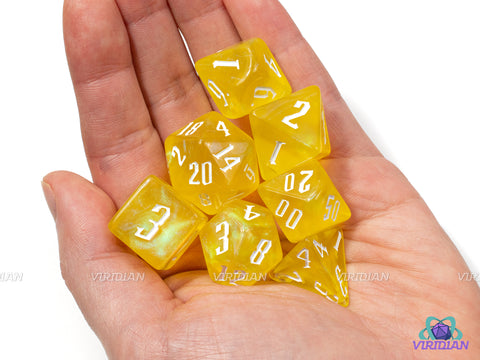 Yellow Lantern | Translucent With Green Glitter Acrylic Dice Set (7) | Dungeons and Dragons (DnD)
