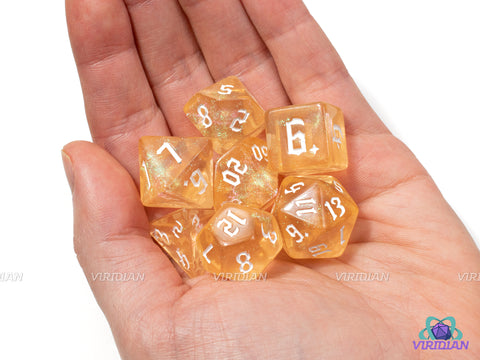 Cosmic Latte | Translucent Beige With Green Glitter Acrylic Dice Set (7) | Dungeons and Dragons (DnD)