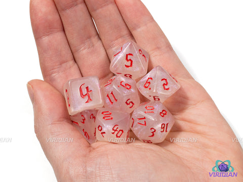 Sacred Flame | White and Red, Glittery Acrylic Dice Set (7)