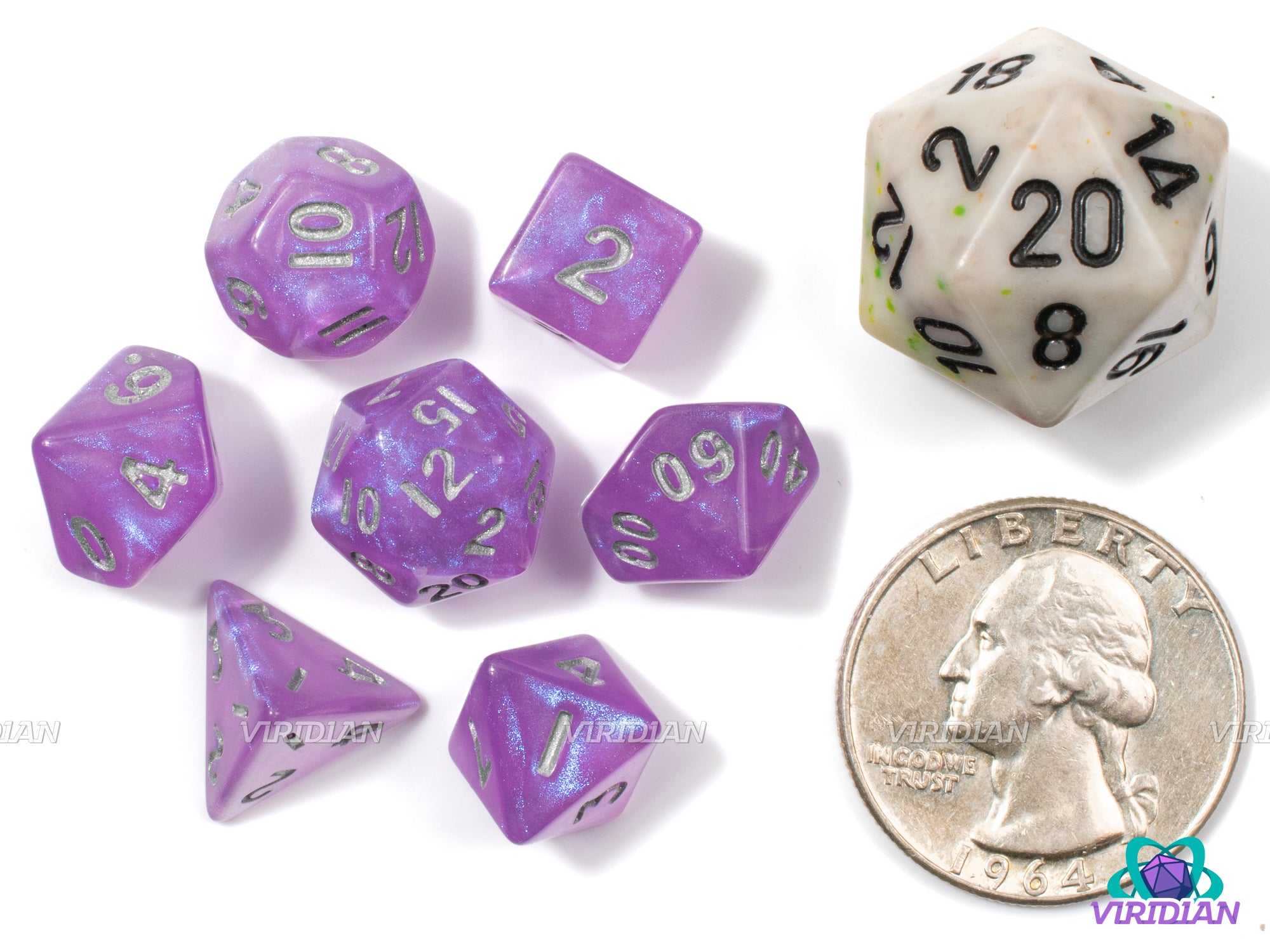 Tiny Sprites (Mini) | Purple Glittery w Silver Ink | Acrylic Dice Set (7)