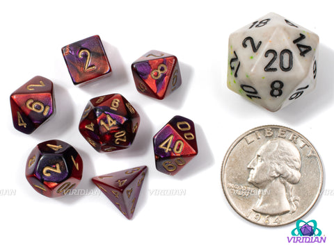 Mini Gemini Purple-Red & Gold | Purple and Red Swirls | 10mm Acrylic Dice Set (7) | Chessex Mini Wave 2