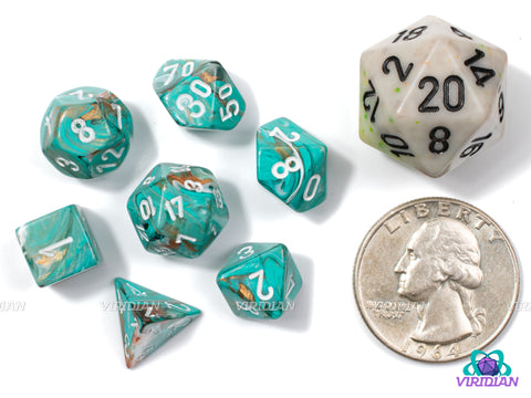 Mini Marble Oxi-Copper  | Patina Green, Copper, White Swirls | 10mm Acrylic Dice Set (7) | Chessex Mini Wave 2
