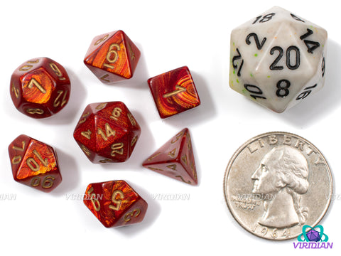 Mini Scarab Scarlet  | Red and Gold Swirls | 10mm Acrylic Dice Set (7) | Chessex Mini Wave 2