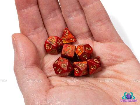 Mini Scarab Scarlet  | Red and Gold Swirls | 10mm Acrylic Dice Set (7) | Chessex Mini Wave 2