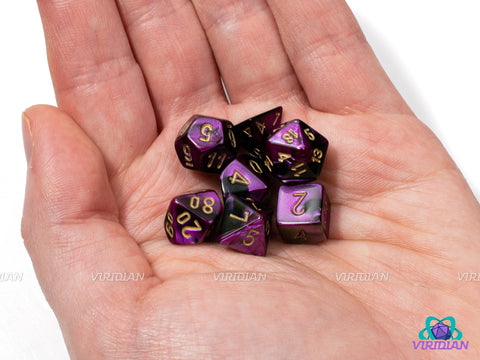 Mini Gemini Black-Purple & Gold | Black and Purple Swirls | 10mm Acrylic Dice Set (7) | Chessex Mini Wave 2
