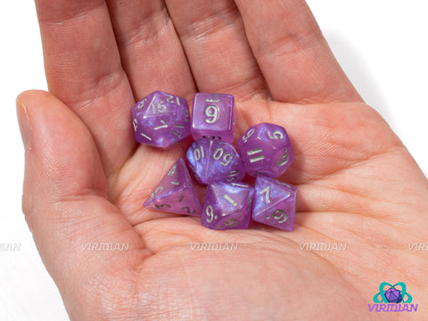 Tiny Sprites (Mini) | Purple Glittery w Silver Ink | Acrylic Dice Set (7)