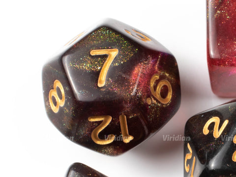 Philosopher's Stone | Red, Black, Gold Glitter Acrylic Dice Set (7) | Dungeons and Dragons (DnD)