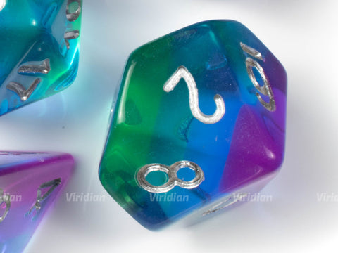 Tropical Sunset | Purple, Blue, Green Layered Acrylic Dice Set (7) | Dungeons and Dragons (DnD)