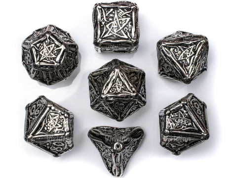 Call of Cthulhu | Metal Dice Set (7) | Silver Ornate | Q Workshop