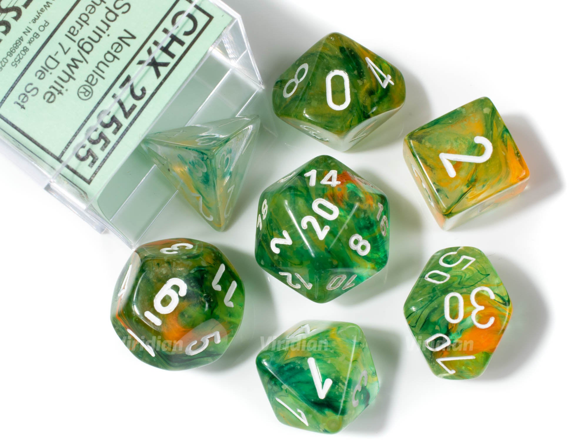 Nebula Spring/White | Chessex Dice Set (7) – Viridian Dice