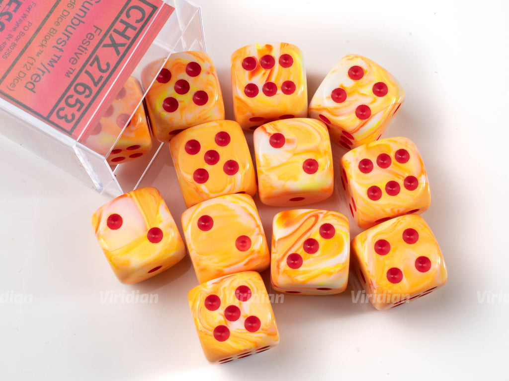 Festive Sunburst & Red |  D6 Block | Tan and Orange | Chessex Dice Block (12)